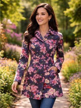 Tara Jarmon for Target Floral Trench Jacket (S) Pink Navy Cotton Statement Coat